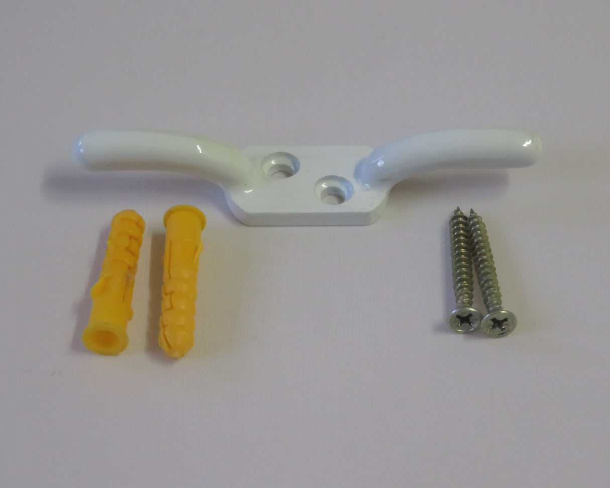 White Clothes Airer Ceiling Pulley - Cleat Hook (x1) and Self-Tapping Screws (x2) 24522